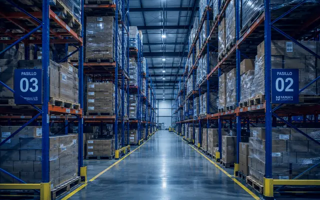 Pasillos del centro logístico con mercadería en estanterías