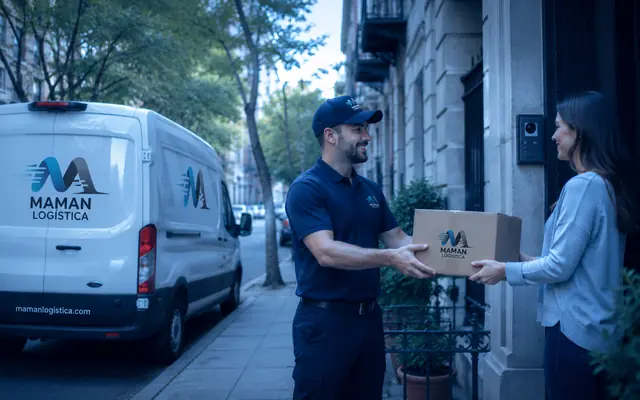 Repartidor de MAMAN entregando un paquete en la puerta